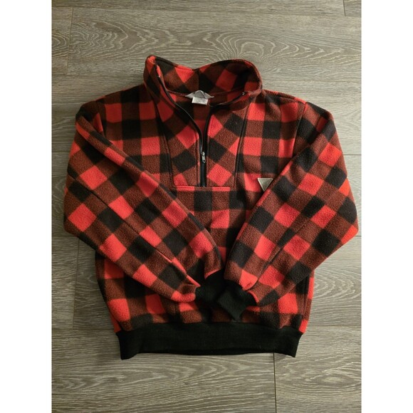 UNIONBAY Vtg Buffalo Plaid Red Black Fleece Boxy 1/4 Zip Pullover Jacket Large - Picture 1 of 4